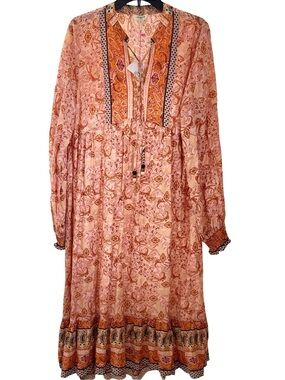 NWY UMGEE Bohemian Long Sleeve Paisley Midi Dress in Peach